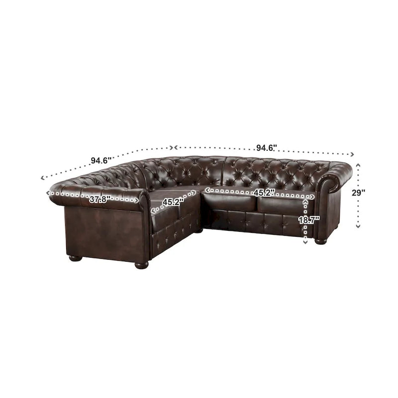 Divano sezionale Chesterfield a L – Trapuntato, 5 posti | Lino / Velluto / Ecopelle