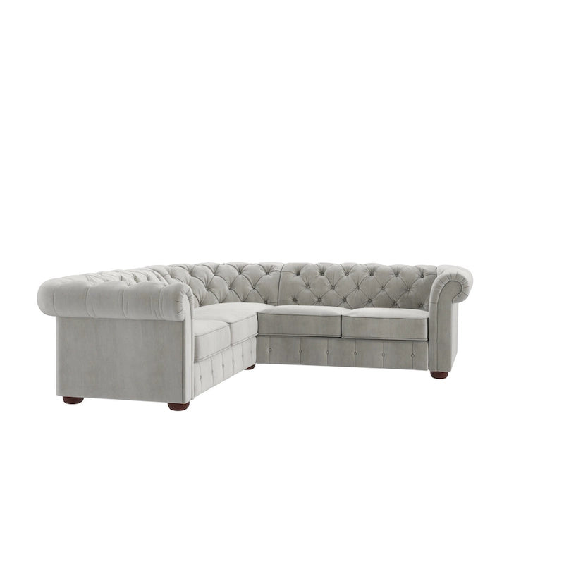 Divano sezionale Chesterfield a L – Trapuntato, 5 posti | Lino / Velluto / Ecopelle