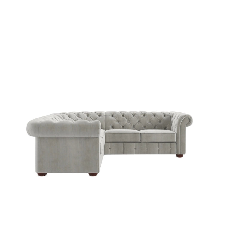 Divano sezionale Chesterfield a L – Trapuntato, 5 posti | Lino / Velluto / Ecopelle
