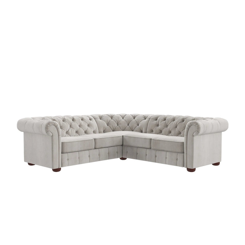 Divano sezionale Chesterfield a L – Trapuntato, 5 posti | Lino / Velluto / Ecopelle