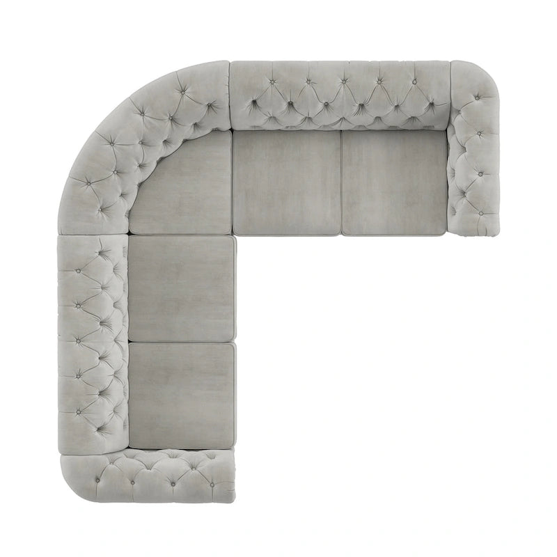 Divano sezionale Chesterfield a L – Trapuntato, 5 posti | Lino / Velluto / Ecopelle