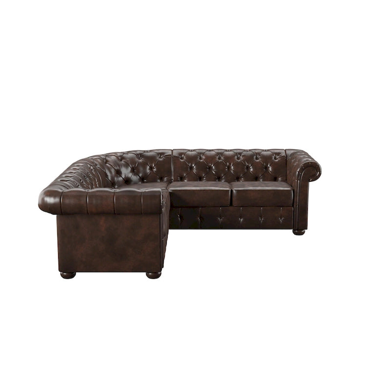 Divano sezionale Chesterfield a L – Trapuntato, 5 posti | Lino / Velluto / Ecopelle