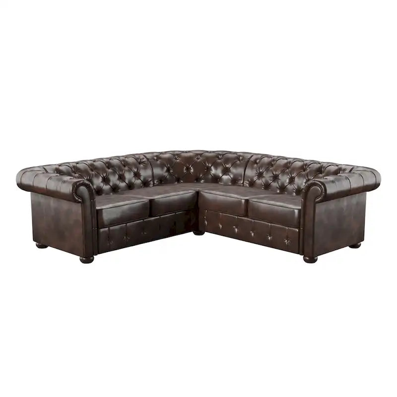 Divano sezionale Chesterfield a L – Trapuntato, 5 posti | Lino / Velluto / Ecopelle