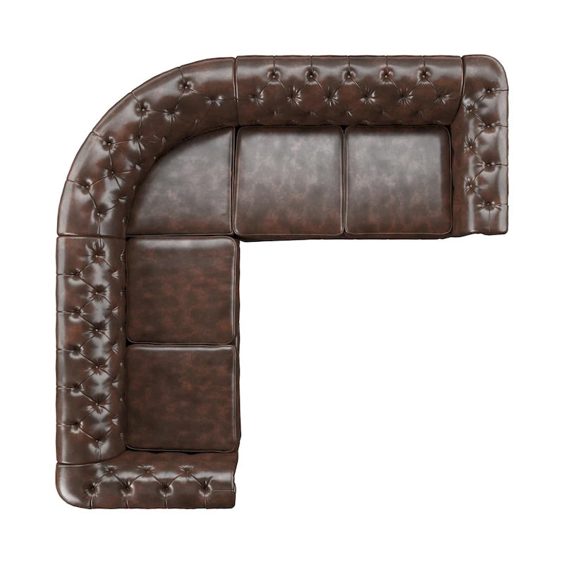 Divano sezionale Chesterfield a L – Trapuntato, 5 posti | Lino / Velluto / Ecopelle