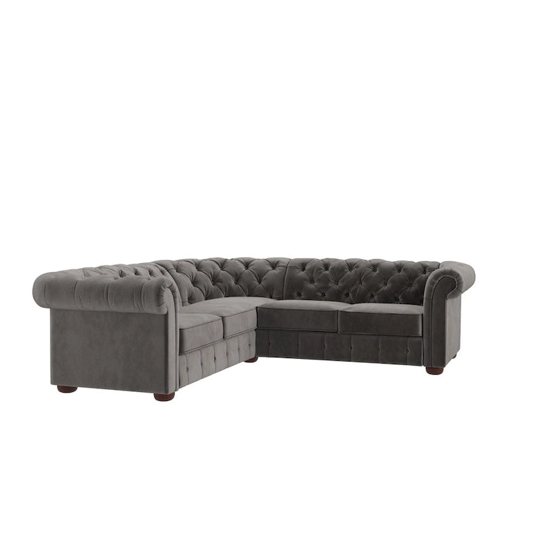 Divano sezionale Chesterfield a L – Trapuntato, 5 posti | Lino / Velluto / Ecopelle