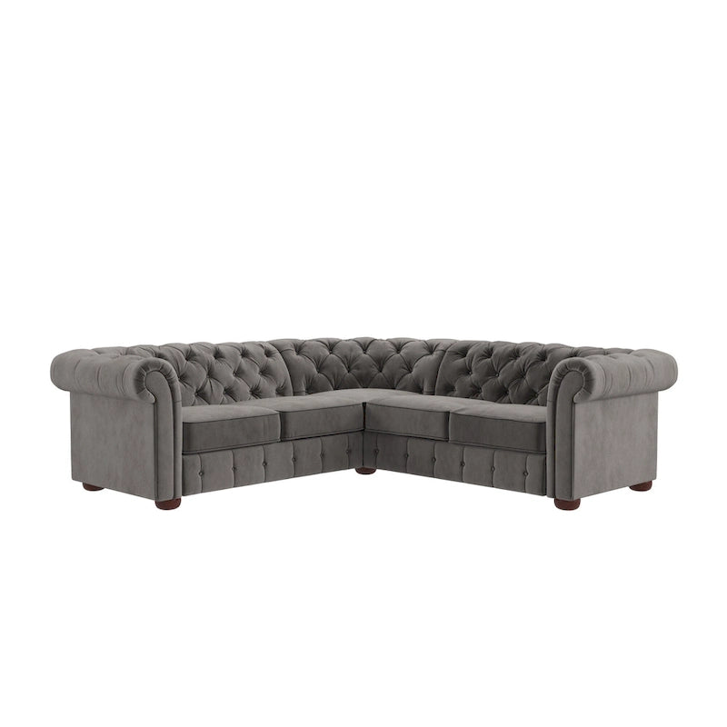 Divano sezionale Chesterfield a L – Trapuntato, 5 posti | Lino / Velluto / Ecopelle