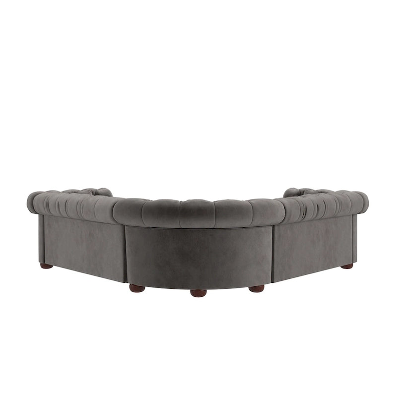 Divano sezionale Chesterfield a L – Trapuntato, 5 posti | Lino / Velluto / Ecopelle