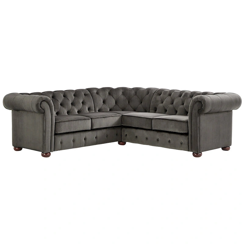 Divano sezionale Chesterfield a L – Trapuntato, 5 posti | Lino / Velluto / Ecopelle