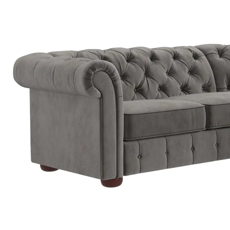 Divano sezionale Chesterfield a L – Trapuntato, 5 posti | Lino / Velluto / Ecopelle