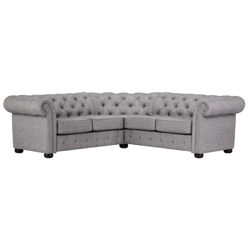Divano sezionale Chesterfield a L – Trapuntato, 5 posti | Lino / Velluto / Ecopelle