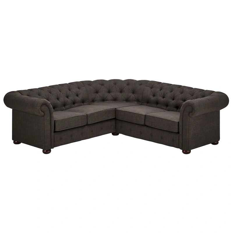 Divano sezionale Chesterfield a L – Trapuntato, 5 posti | Lino / Velluto / Ecopelle