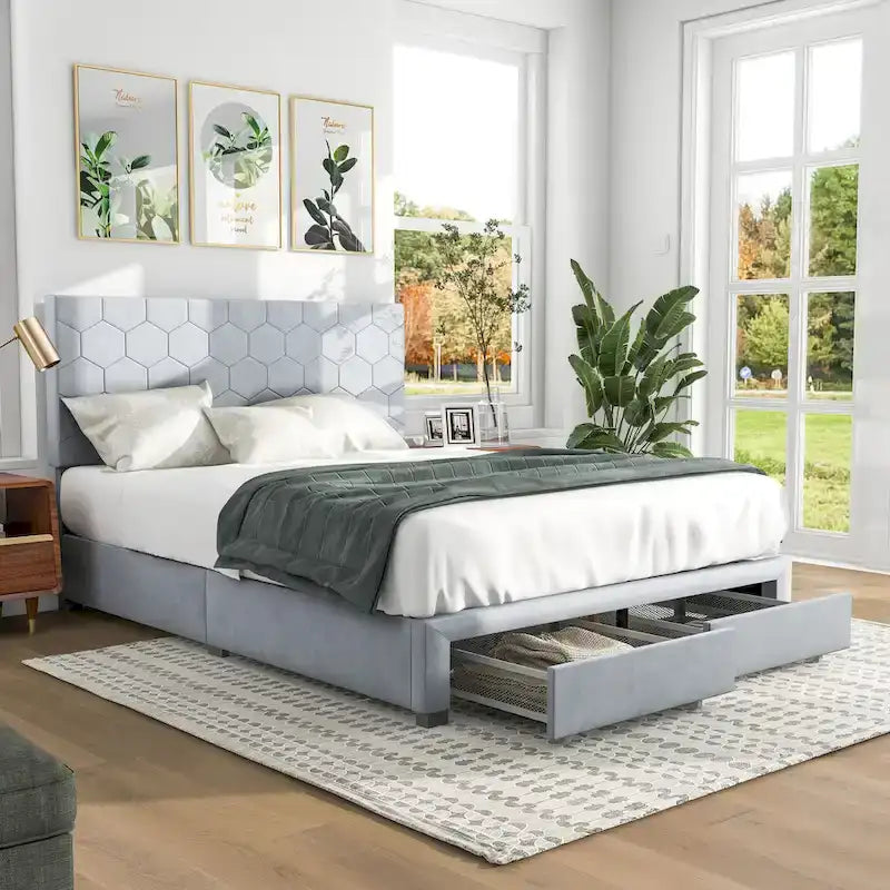 Honeycomb Modern Grey Velvet Headboard Storage Guest Bed by Furniture of America