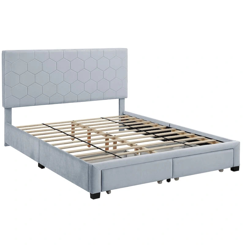 Letto imbottito in velluto grigio chiaro con cassetti contenitore – Matrimoniale / Queen