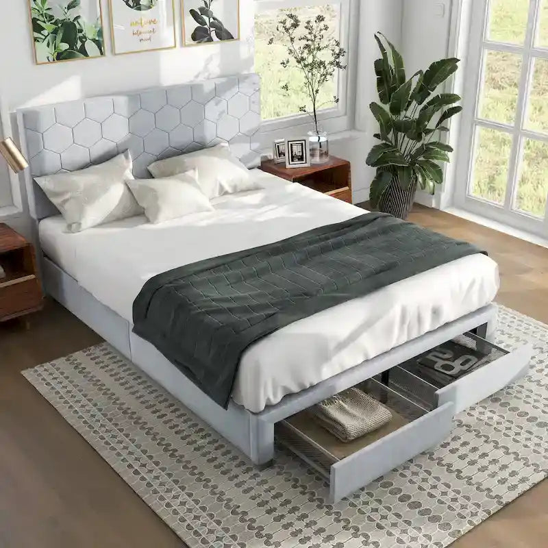 Letto imbottito in velluto grigio chiaro con cassetti contenitore – Matrimoniale / Queen