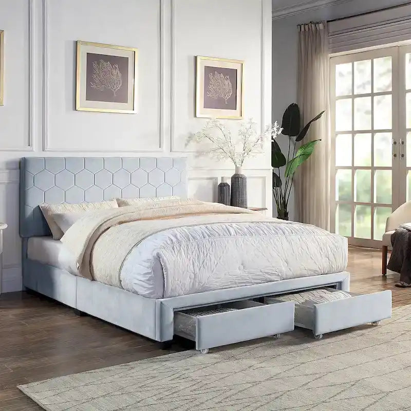 Letto imbottito in velluto grigio chiaro con cassetti contenitore – Matrimoniale / Queen