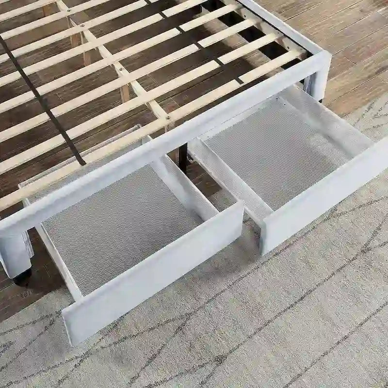 Letto imbottito in velluto grigio chiaro con cassetti contenitore – Matrimoniale / Queen