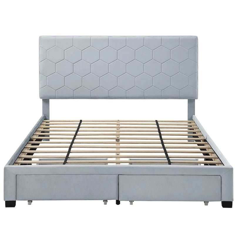 Letto imbottito in velluto grigio chiaro con cassetti contenitore – Matrimoniale / Queen