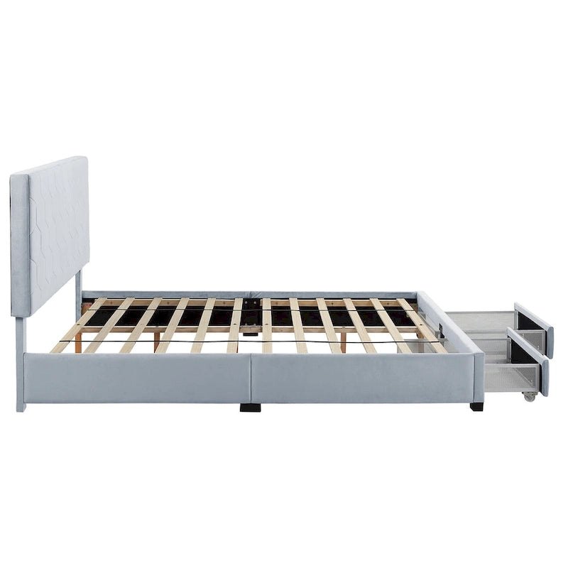 Letto imbottito in velluto grigio chiaro con cassetti contenitore – Matrimoniale / Queen