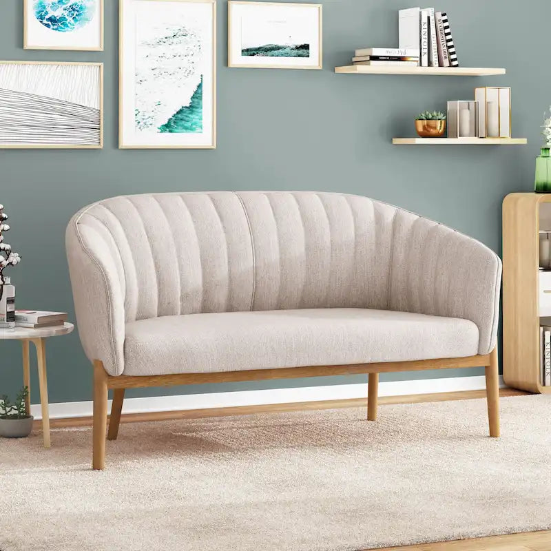 Divanetto Due Posti Mid-Century con Cuciture a Canale, in Tessuto e Gambe in Legno