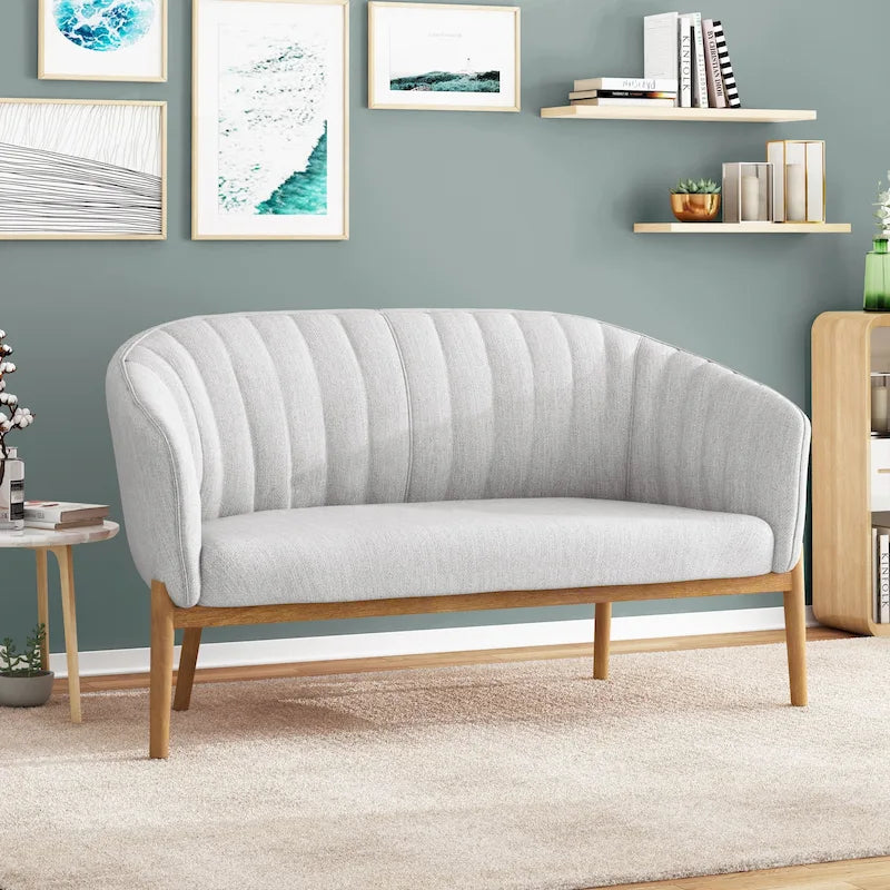 Divanetto Due Posti Mid-Century con Cuciture a Canale, in Tessuto e Gambe in Legno