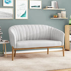 Divanetto Due Posti Mid-Century con Cuciture a Canale, in Tessuto e Gambe in Legno