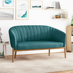 Divanetto Due Posti Mid-Century con Cuciture a Canale, in Tessuto e Gambe in Legno