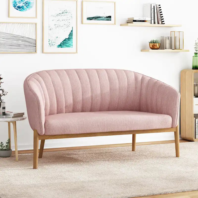 Divanetto Due Posti Mid-Century con Cuciture a Canale, in Tessuto e Gambe in Legno