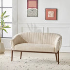 Divanetto Due Posti Mid-Century con Cuciture a Canale, in Tessuto e Gambe in Legno