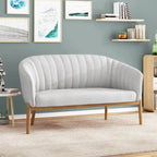 Divanetto Due Posti Mid-Century con Cuciture a Canale, in Tessuto e Gambe in Legno