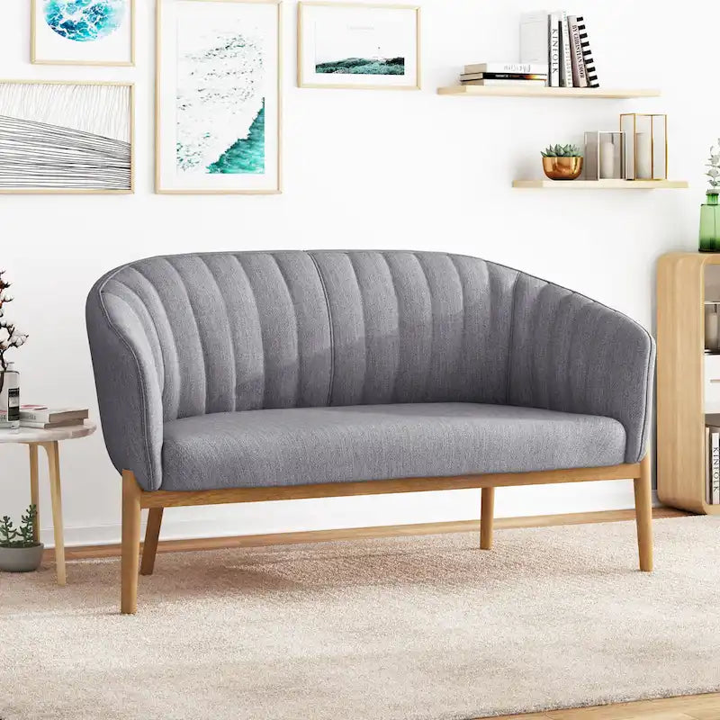 Divanetto Due Posti Mid-Century con Cuciture a Canale, in Tessuto e Gambe in Legno