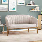 Divanetto Due Posti Mid-Century con Cuciture a Canale, in Tessuto e Gambe in Legno