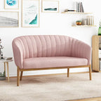 Divanetto Due Posti Mid-Century con Cuciture a Canale, in Tessuto e Gambe in Legno