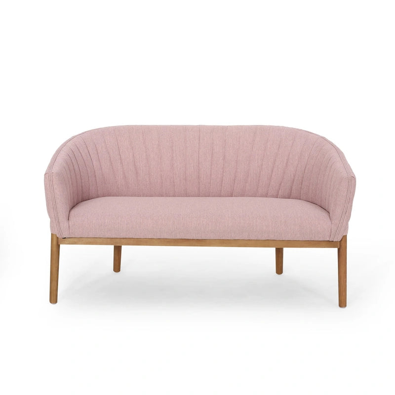Divanetto Due Posti Mid-Century con Cuciture a Canale, in Tessuto e Gambe in Legno