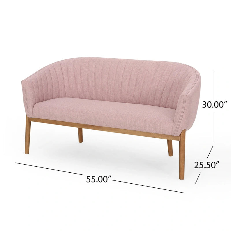 Divanetto Due Posti Mid-Century con Cuciture a Canale, in Tessuto e Gambe in Legno