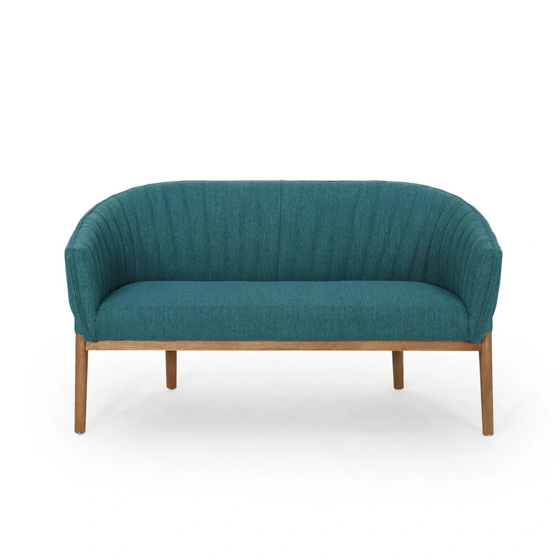 Divanetto Due Posti Mid-Century con Cuciture a Canale, in Tessuto e Gambe in Legno
