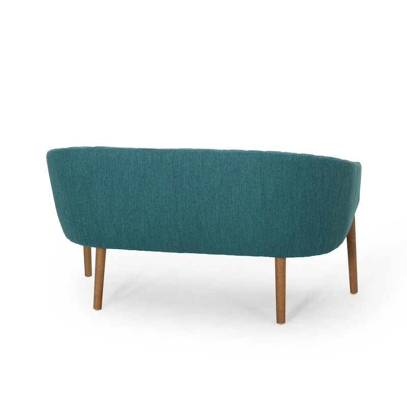 Divanetto Due Posti Mid-Century con Cuciture a Canale, in Tessuto e Gambe in Legno
