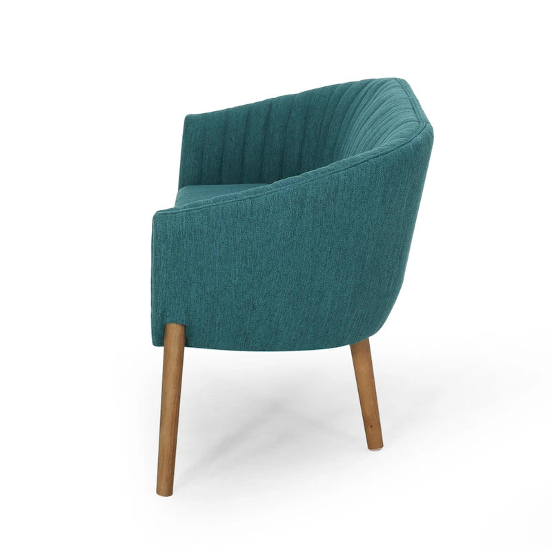 Divanetto Due Posti Mid-Century con Cuciture a Canale, in Tessuto e Gambe in Legno