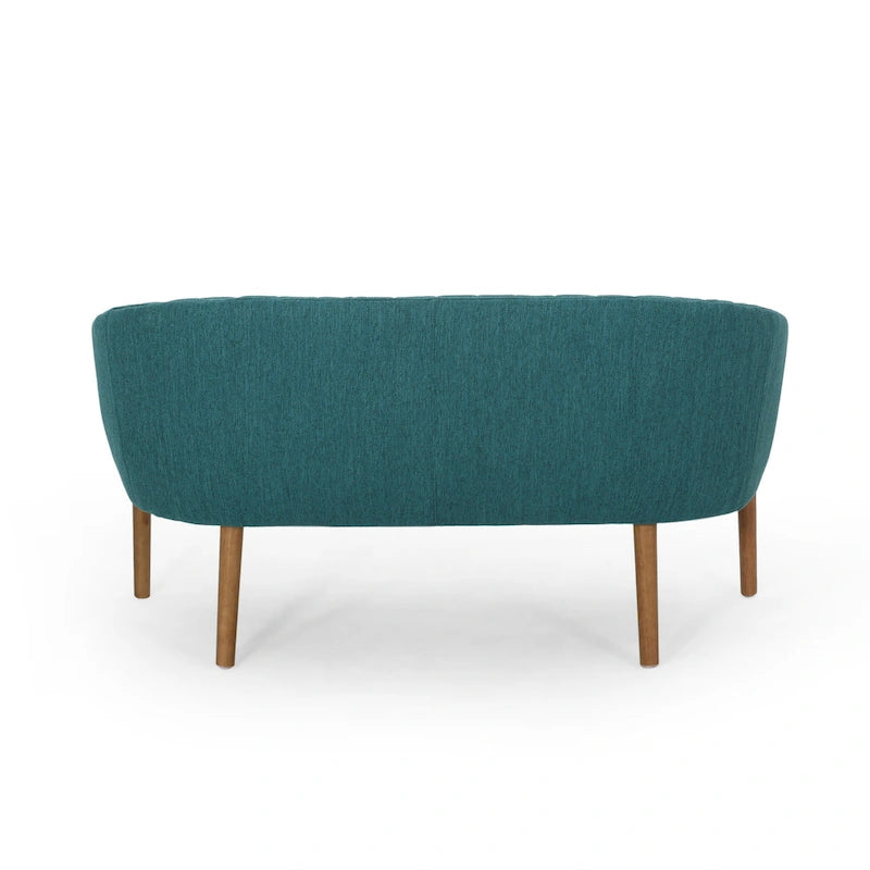 Divanetto Due Posti Mid-Century con Cuciture a Canale, in Tessuto e Gambe in Legno