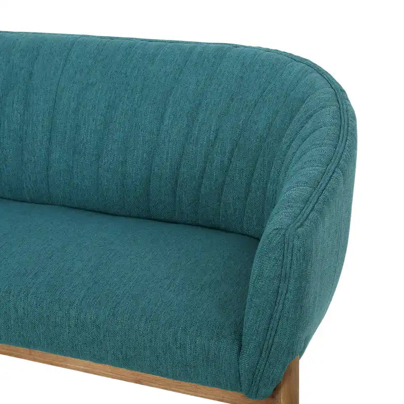 Divanetto Due Posti Mid-Century con Cuciture a Canale, in Tessuto e Gambe in Legno