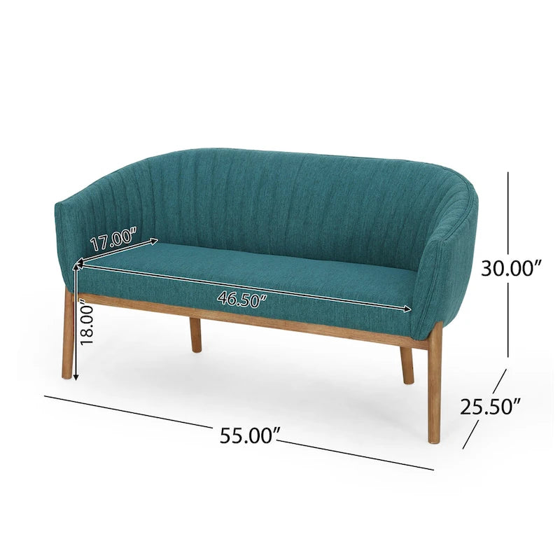 Divanetto Due Posti Mid-Century con Cuciture a Canale, in Tessuto e Gambe in Legno