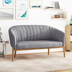 Divanetto Due Posti Mid-Century con Cuciture a Canale, in Tessuto e Gambe in Legno