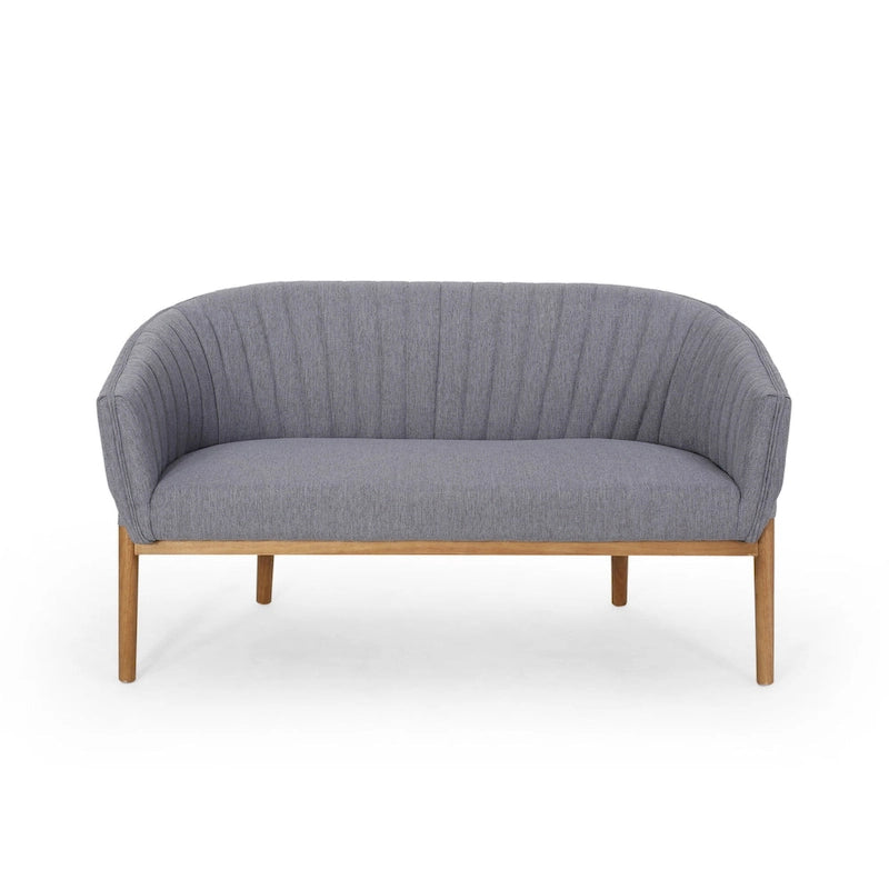 Divanetto Due Posti Mid-Century con Cuciture a Canale, in Tessuto e Gambe in Legno