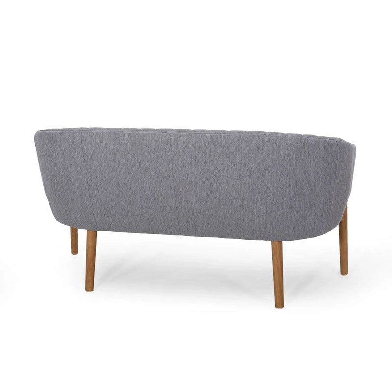 Divanetto Due Posti Mid-Century con Cuciture a Canale, in Tessuto e Gambe in Legno