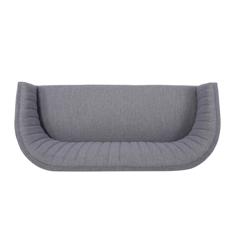 Divanetto Due Posti Mid-Century con Cuciture a Canale, in Tessuto e Gambe in Legno