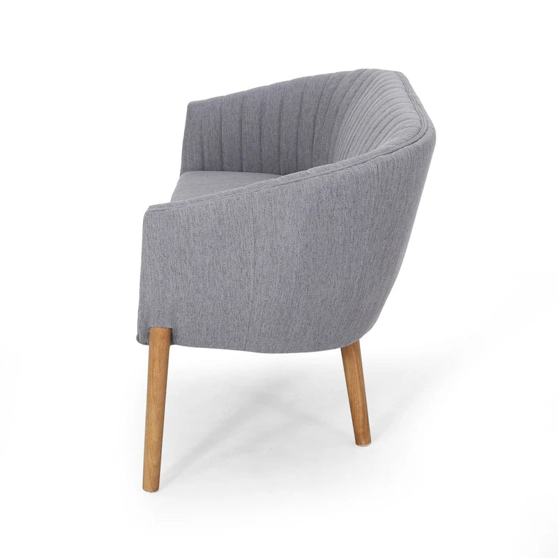 Divanetto Due Posti Mid-Century con Cuciture a Canale, in Tessuto e Gambe in Legno