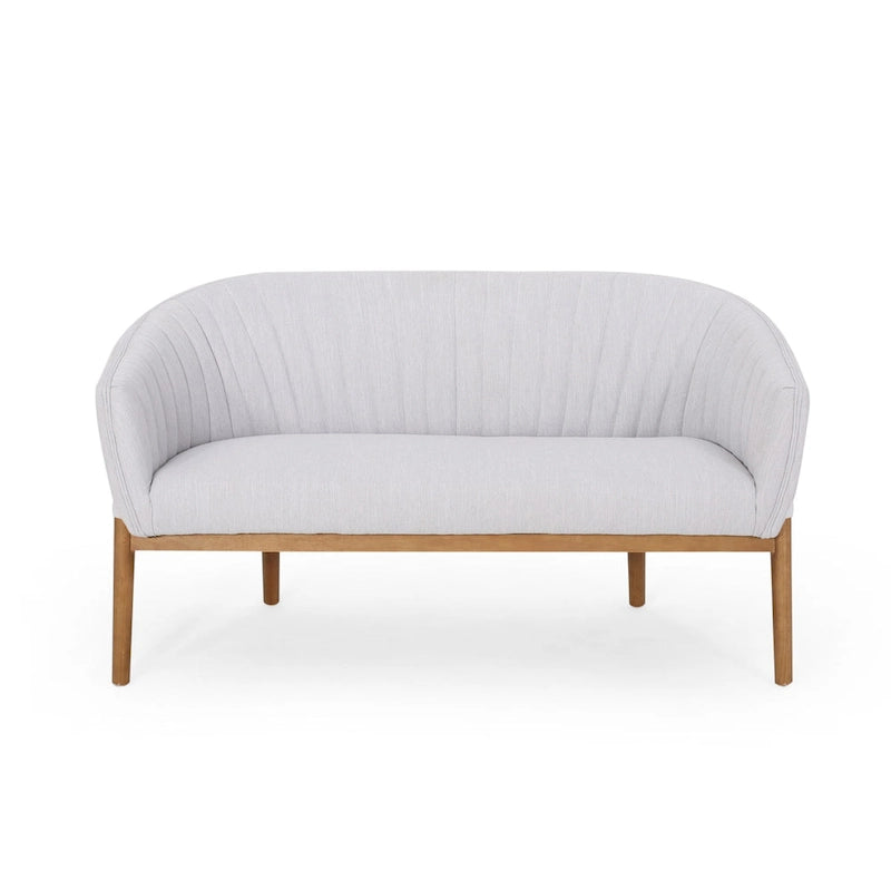 Divanetto Due Posti Mid-Century con Cuciture a Canale, in Tessuto e Gambe in Legno