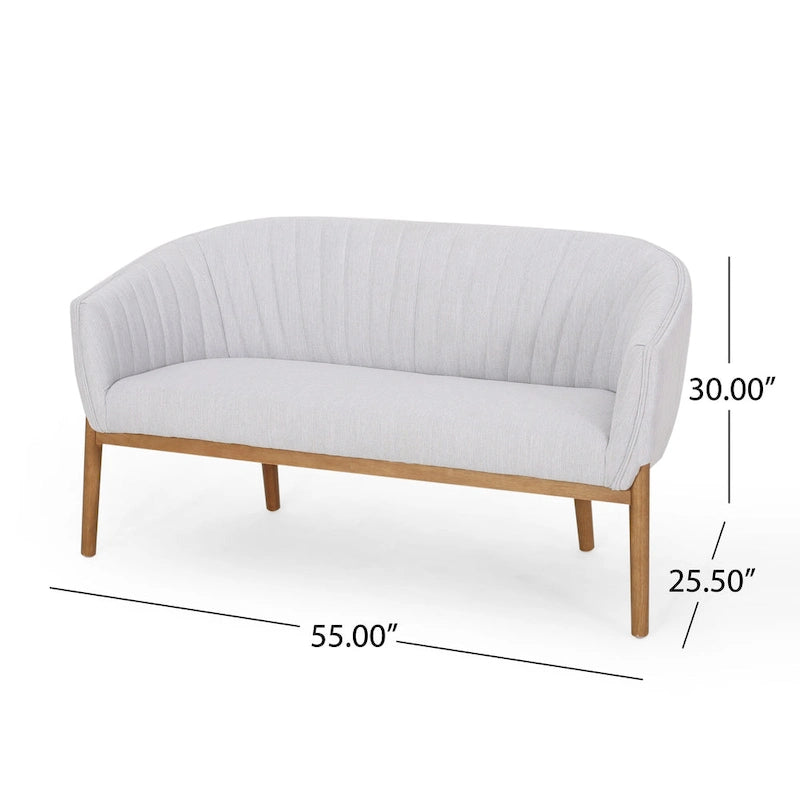 Divanetto Due Posti Mid-Century con Cuciture a Canale, in Tessuto e Gambe in Legno