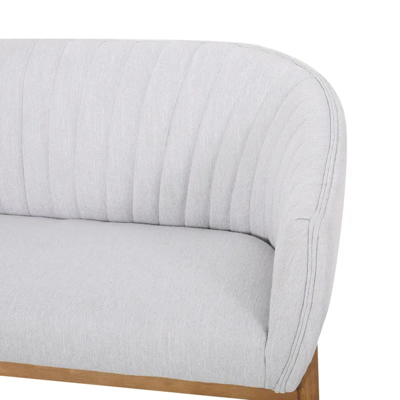 Divanetto Due Posti Mid-Century con Cuciture a Canale, in Tessuto e Gambe in Legno