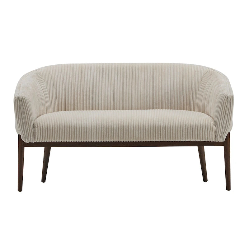 Divanetto Due Posti Mid-Century con Cuciture a Canale, in Tessuto e Gambe in Legno