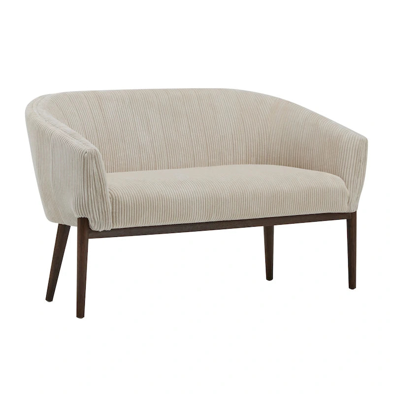 Divanetto Due Posti Mid-Century con Cuciture a Canale, in Tessuto e Gambe in Legno